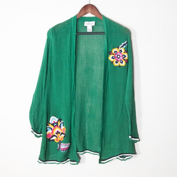 Peck & Peck Sweaters - Peck & Peck Women’s Green Embroidered Open Knit Cardigan Cottagecore Boho Size L